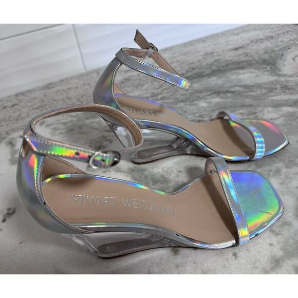 Stuart Weitzman Iridescent Silver Wedge Sandals Size 8 - Picture 2 of 12